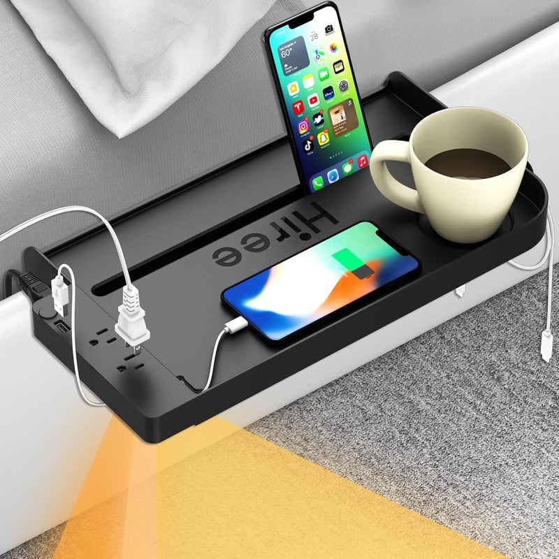 Hiree Bedside Shelf for Dorm Bunk Bed with USB Charging Port and AC Outlets, Bedside Caddy, Attachable Bedside Table, College Dorm Essential Clip On Bedside Tray, Bunk Bed Accessories, Plus Size, Black - Image 1